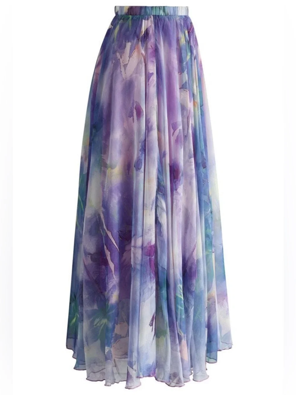 ChicWish Dancing Watercolor Chiffon Flowy Boho Floral Maxi Skirt In Violet XS/S